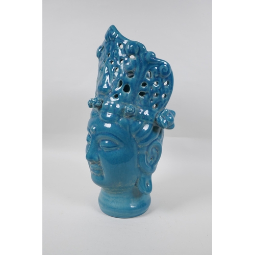 151 - A Chinese teal crackle glazed ceramic head bust of Guan Yin, 37cm high