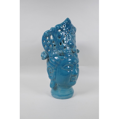 151 - A Chinese teal crackle glazed ceramic head bust of Guan Yin, 37cm high