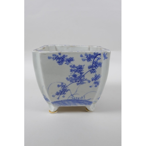 152 - A Japanese blue and white porcelain planter with floral decoration, 16 x 16cm, 14cm high