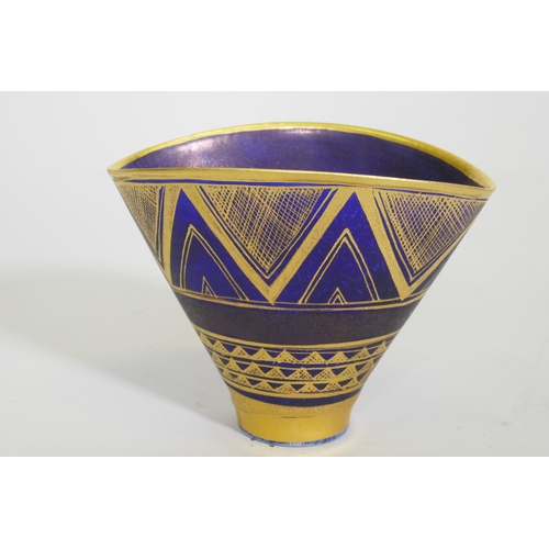 156 - Mary Rich, studio pottery vase, gilt decorated on a deep blue glaze, 10cm high