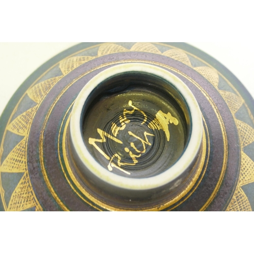 157 - Mary Rich, studio pottery bowl, gilt decorated on a deep blue glaze, 11cm diameter