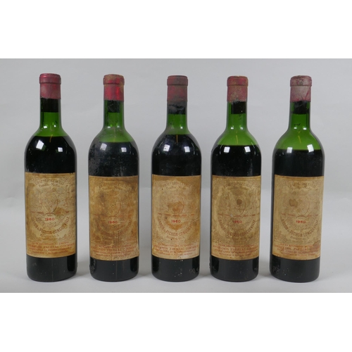 17 - Five bottles of Chateau Pichon Baron, Pauillac, Gran Cru Classe 1960, together with two bottles of C... 