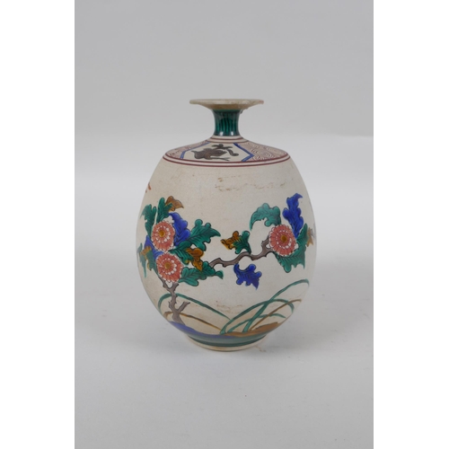 172 - A Japanese unglazed ceramic vase with famille vert enamel bird and flower decoration, mark to base, ... 