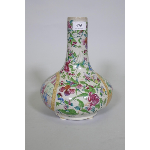 176 - A Cantonese ceramic vase with famille rose decoration, drilled to side, chip to rim, probably early ... 