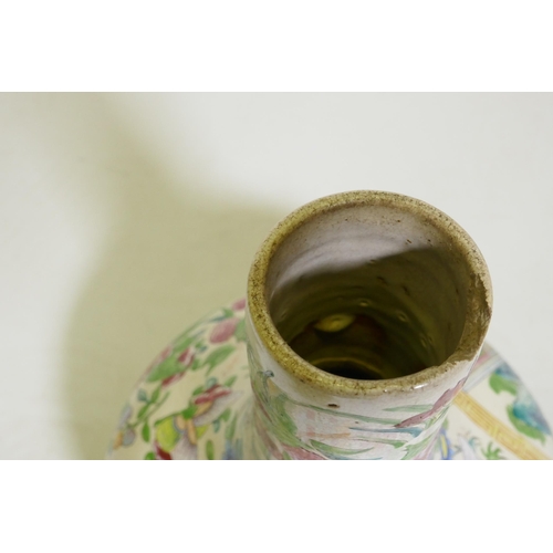 176 - A Cantonese ceramic vase with famille rose decoration, drilled to side, chip to rim, probably early ... 