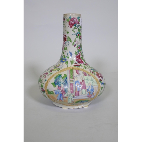 176 - A Cantonese ceramic vase with famille rose decoration, drilled to side, chip to rim, probably early ... 