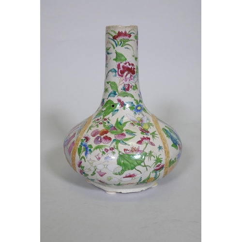 176 - A Cantonese ceramic vase with famille rose decoration, drilled to side, chip to rim, probably early ... 