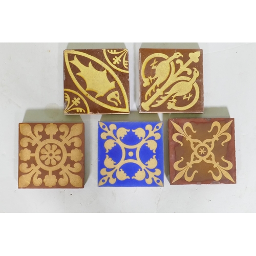 2 - Three Minton encaustic tiles after Pugin, and two Chamberlain of Worcester tiles, 15 x 15cm