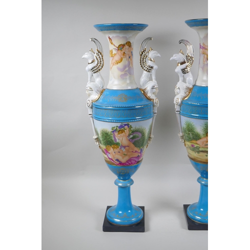 200 - A pair of Sevres style continental porcelain urns with griffin handles and putti decoration, 62cm hi... 