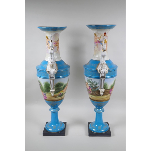 200 - A pair of Sevres style continental porcelain urns with griffin handles and putti decoration, 62cm hi... 