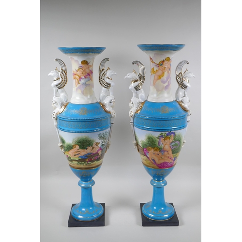 200 - A pair of Sevres style continental porcelain urns with griffin handles and putti decoration, 62cm hi... 