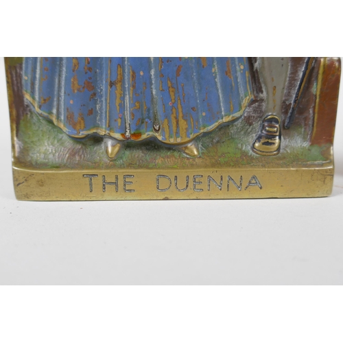 204 - A pair of antique cold painted bronze and brass book ends themed after the opera The Duenna, 16cm hi... 