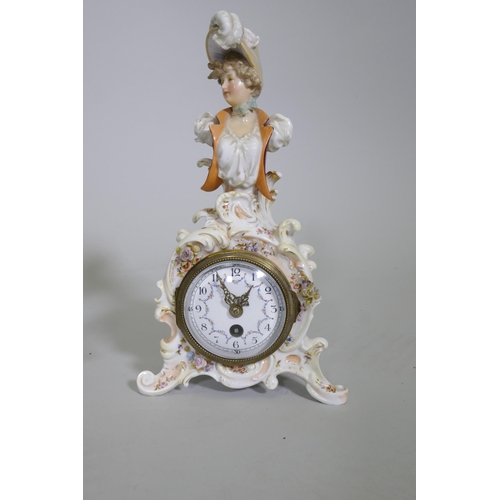 21 - Continental porcelain figures, five Goebel (one AF), a figure group, Karl End bird and a clock with ... 