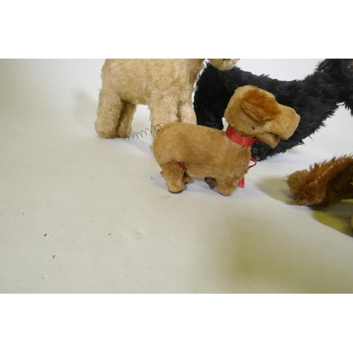 216 - Antique stuffed toys, Angus terrier, terrier, possibly Chad Valley, push dog with rubber head and ro... 