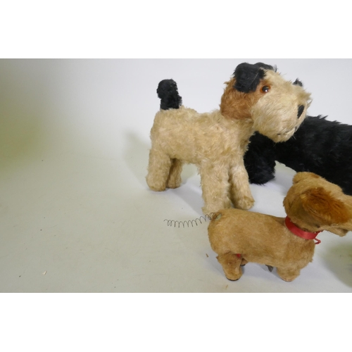 216 - Antique stuffed toys, Angus terrier, terrier, possibly Chad Valley, push dog with rubber head and ro... 