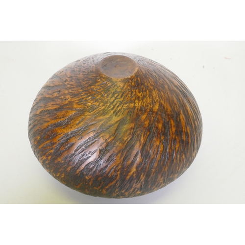 22 - Treen, a New Zealand Rimu and Totana burr wood turned pot, signed to base Jim Ross, 19cm diameter, a... 