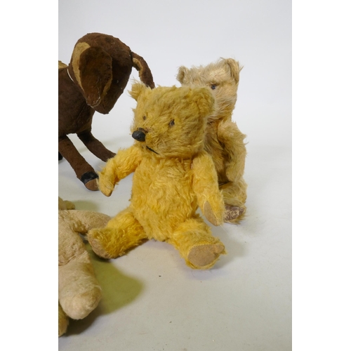 221 - A vintage plush Bambi deer, and four antique teddy bears, deer 30cm high