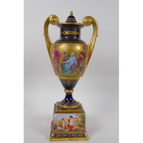 222 - A Vienna porcelain urn and cover, with gilt highlights and hand painted decoration depicting the tri... 