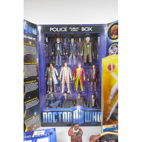 224 - Dr Who Eleven Doctors figure set, Who-ology book, 13th Doctor adventure doll, Ben 10 omni-naut-armor... 