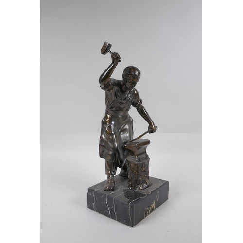 227 - After Adrien Etienne Gaudez, bronze figure of a blacksmith, on a marble base, 32cm high