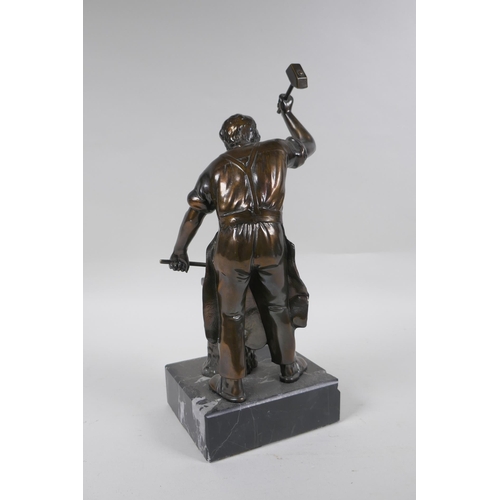 227 - After Adrien Etienne Gaudez, bronze figure of a blacksmith, on a marble base, 32cm high