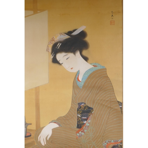 232 - A Japanese printed scroll depicting a geisha, with hand painted details, 41 x 108cm, AF