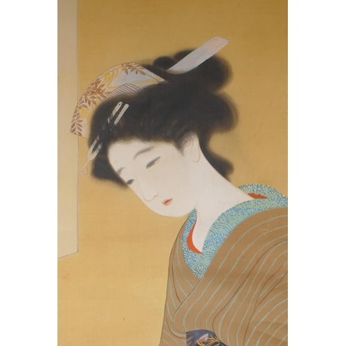 232 - A Japanese printed scroll depicting a geisha, with hand painted details, 41 x 108cm, AF