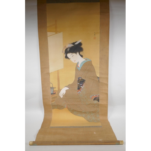 232 - A Japanese printed scroll depicting a geisha, with hand painted details, 41 x 108cm, AF