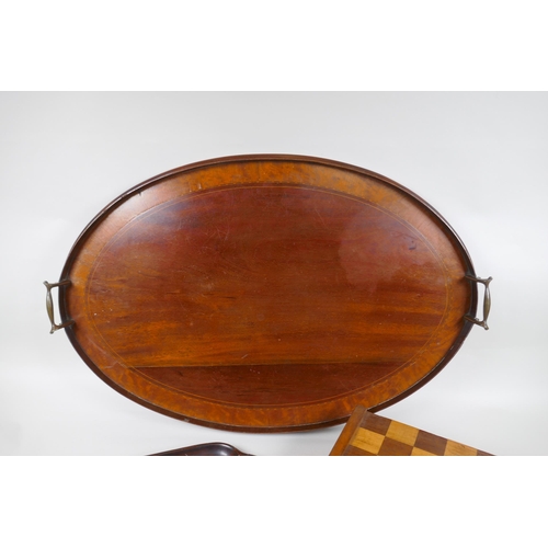 237 - An antique inlaid mahogany oval serving tray, a smaller mahogany serving tray and a chess board, lar... 