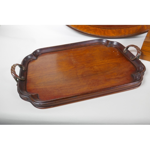 237 - An antique inlaid mahogany oval serving tray, a smaller mahogany serving tray and a chess board, lar... 