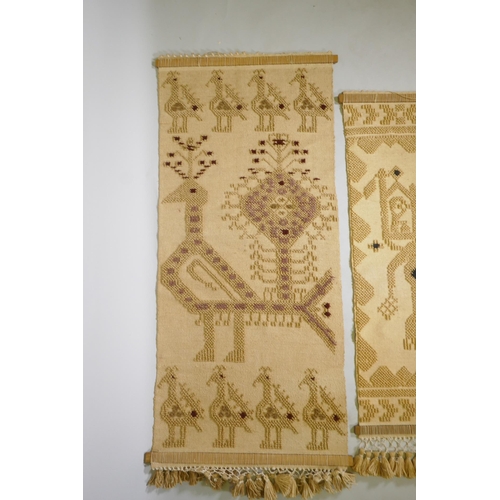 247 - Two Indian embroidered jute wall hangings with a peacock and elephant design, 160 x 74cm