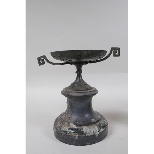 259 - A pair of Grand Tour style bronze urns on marble socles, AF, 18cm high