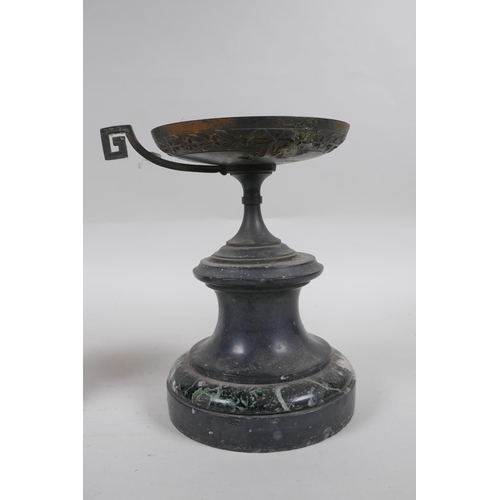 259 - A pair of Grand Tour style bronze urns on marble socles, AF, 18cm high