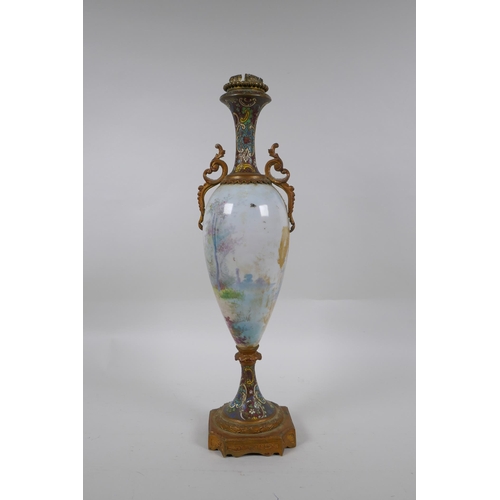 276 - A C19th French ormolu and porcelain urn, decorated with a putto and lady, signed Daly, with champlev... 