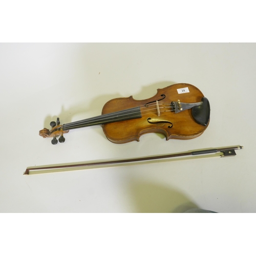 29 - Early C20th full size violin stamped Hopf, with two piece back, 35.5cm long without button, and a bo... 