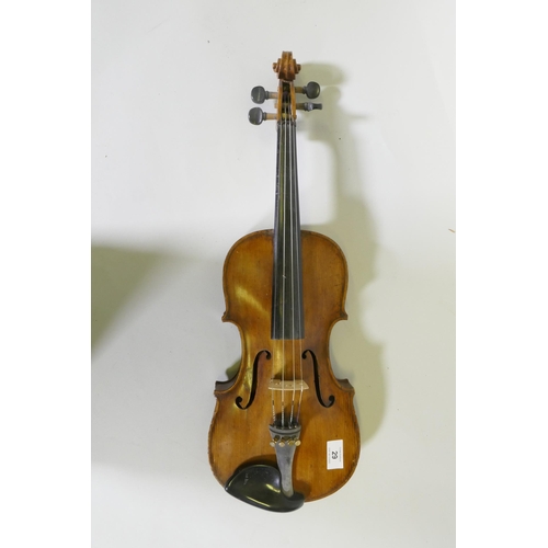 29 - Early C20th full size violin stamped Hopf, with two piece back, 35.5cm long without button, and a bo... 