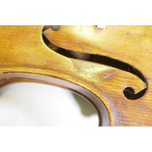 29 - Early C20th full size violin stamped Hopf, with two piece back, 35.5cm long without button, and a bo... 