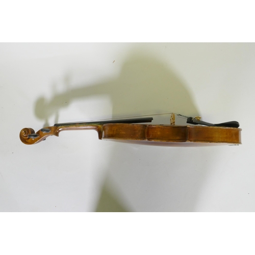 29 - Early C20th full size violin stamped Hopf, with two piece back, 35.5cm long without button, and a bo... 