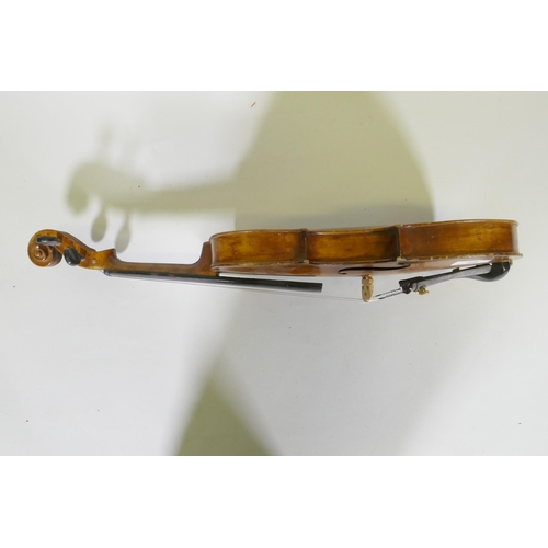 29 - Early C20th full size violin stamped Hopf, with two piece back, 35.5cm long without button, and a bo... 