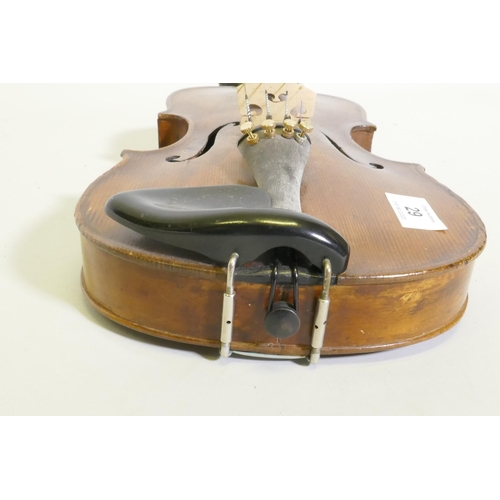 29 - Early C20th full size violin stamped Hopf, with two piece back, 35.5cm long without button, and a bo... 