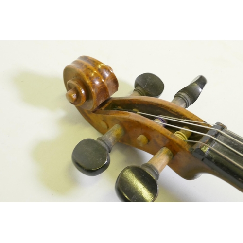 29 - Early C20th full size violin stamped Hopf, with two piece back, 35.5cm long without button, and a bo... 