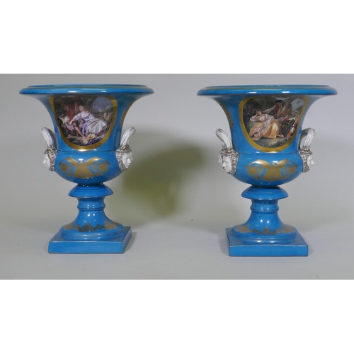 32 - A pair of Sevres style continental porcelain vase decorated with courting couples, on a blue ground,... 