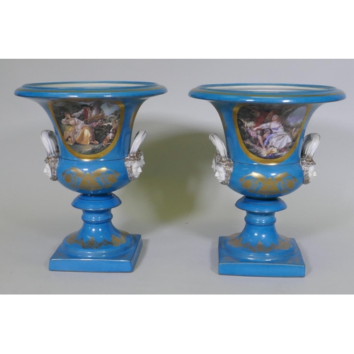 32 - A pair of Sevres style continental porcelain vase decorated with courting couples, on a blue ground,... 