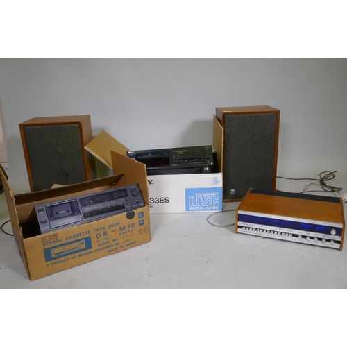 47 - A pair of Dynatron LB151 speakers in teak cases, 50cm high, Sony CDP X33ES compact disc player, Deno... 