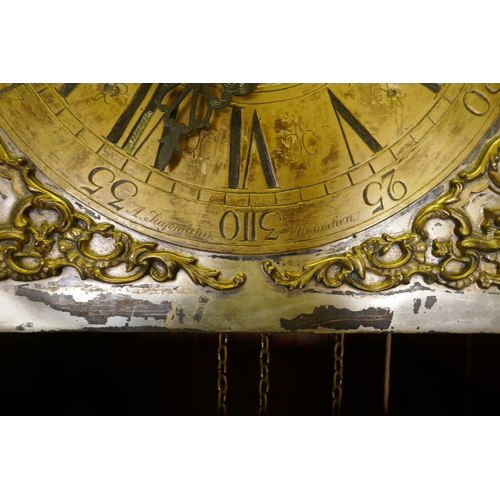 605 - An early mahogany case longcase clock with glazed door and brass and silvered dial, the movement str... 