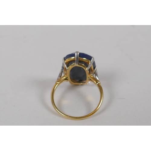 609 - A vintage yellow metal ring set with a fire opal veneered stone and diamond shoulders, together with... 