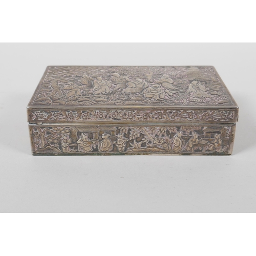 610 - A late C19th Chinese Da Xing silver box, with repousse decoration depicting the eight immortals in a... 