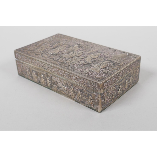 610 - A late C19th Chinese Da Xing silver box, with repousse decoration depicting the eight immortals in a... 