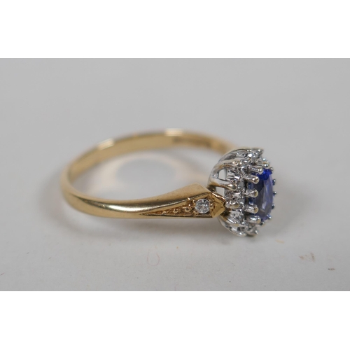 616 - A 9ct gold, sapphire and diamond cluster ring, approx 0.1ct, approx size K