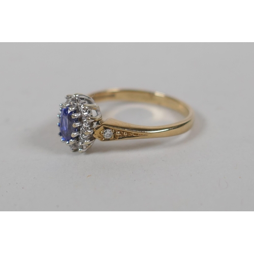 616 - A 9ct gold, sapphire and diamond cluster ring, approx 0.1ct, approx size K